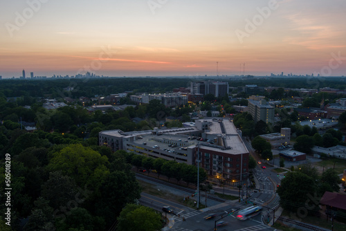 Aerial view of Decatur, DeKalb County, Georgia at sunset.