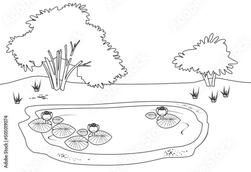 Coloring page with pond with flowering water-lily plants