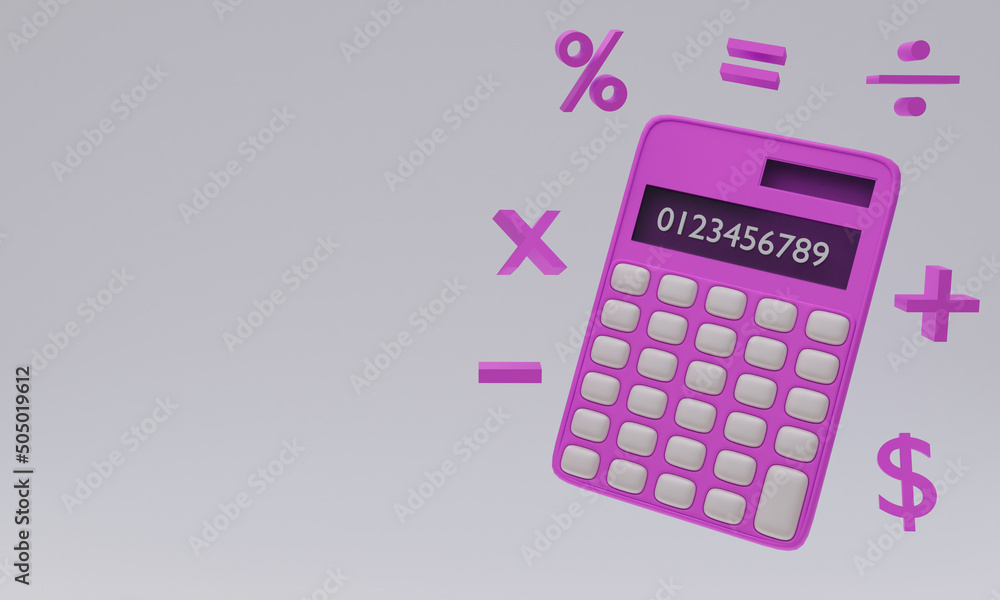 3d image, pink calculator surrounded by math signs, copy space, 3d rendering 3d image, pink calculator surrounded by math signs, copy space, 3d rendering