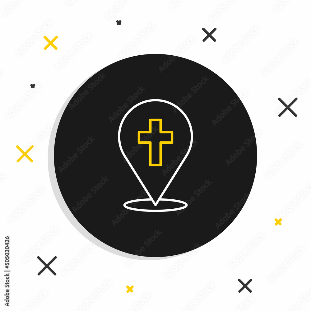 Obraz premium Line Map pin church building icon isolated on white background. Christian Church. Religion of church. Colorful outline concept. Vector