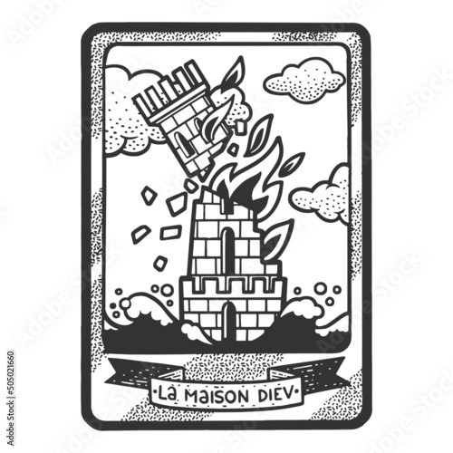 Tarot playing card Tower sketch engraving vector illustration. T-shirt apparel print design. Scratch board imitation. Black and white hand drawn image.