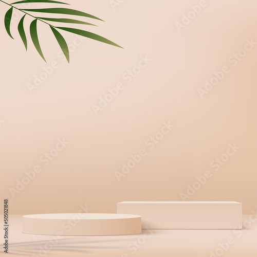 Abstract minimal scene with geometric forms. Cream color podium in cream color background for product presentation. Vector