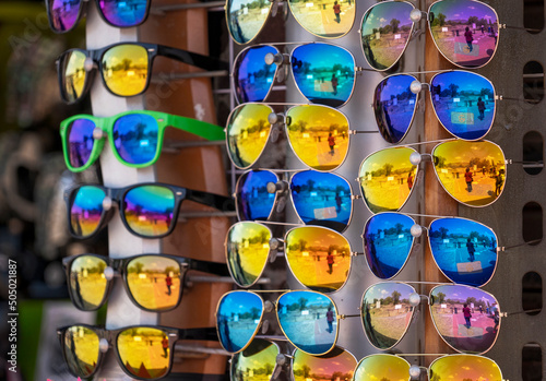 Reflector sunglasses on display