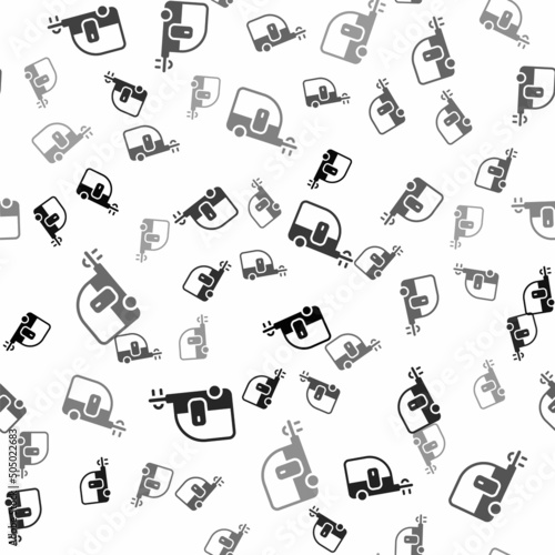 Black Rv Camping trailer icon isolated seamless pattern on white background. Travel mobile home, caravan, home camper for travel. Vector