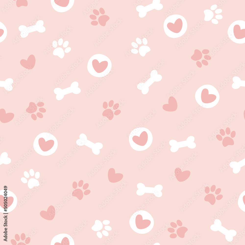 Cute seamless pattern with pet paw, bone and hearts. Vector illustration on pink background. It can be used for wallpapers, wrapping, cards, patterns for clothes and other.