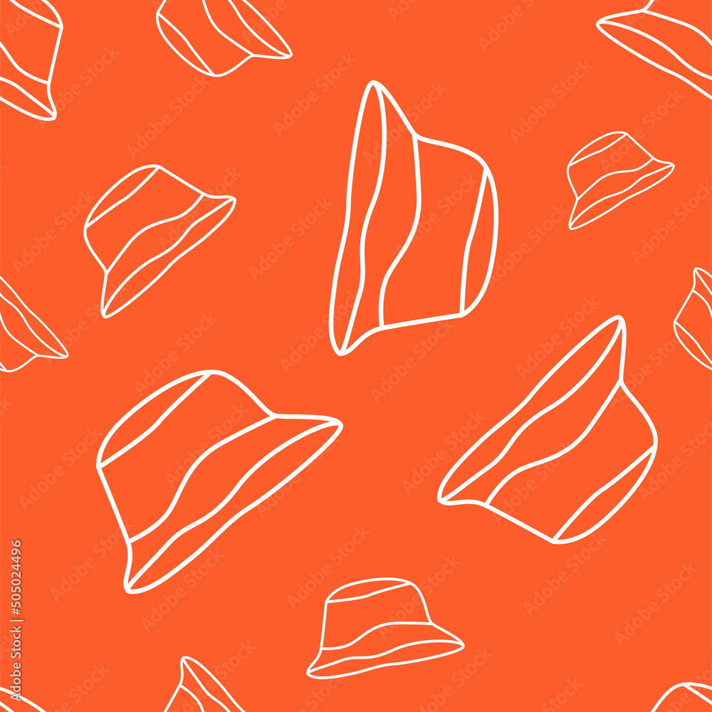 Vector illustration. Bright flying seamless pattern with simple contour panamas silhouettes. Orange endless background. Flat style. Background design for advertising and typographic products. Vector illustration. Bright flying seamless pattern with simple contour panamas silhouettes. Orange endless background. Flat style. Background design for advertising and typographic products.