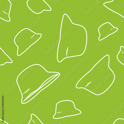 Vector illustration. Bright flying seamless pattern with simple contour panamas silhouettes. Green endless background. Flat style. Background design for advertising and typographic products.