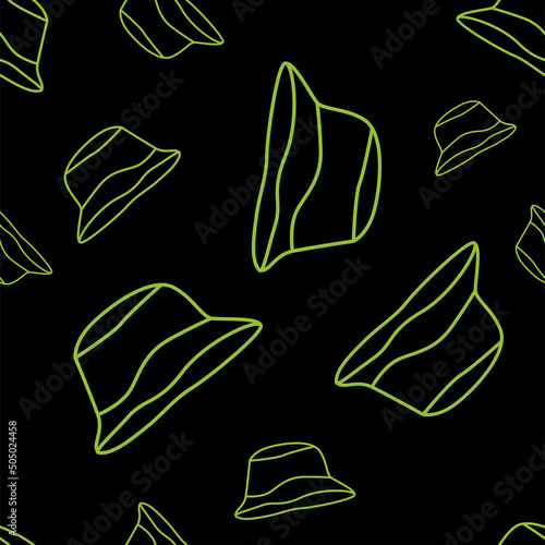 Vector illustration. Bright flying seamless pattern with simple contour panamas silhouettes. Green endless background. Flat style. Background design for advertising and typographic products.