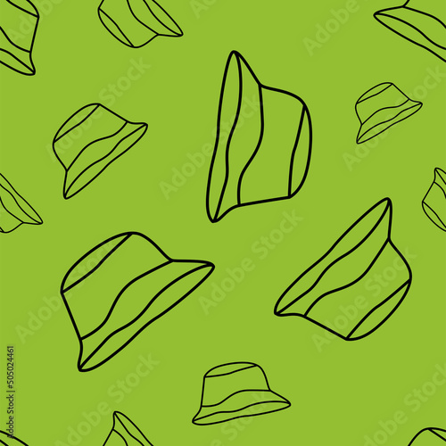 Vector illustration. Bright flying seamless pattern with simple contour panamas silhouettes. Green endless background. Flat style. Background design for advertising and typographic products.