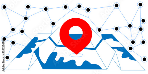 Red geo marker on a simple abstract map. The concept of globalization and logistics for major cities. Paper map with designation and geometric connections on a white background.