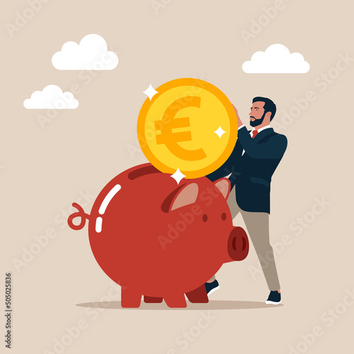 Businessman dropping coins into slot of piggy bank deposit and savings concept vector flat illustration. Depositing money into banking account. Currency income finance management economy isolated.