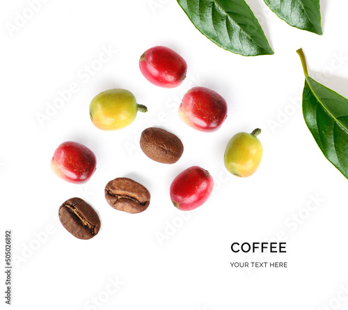 Fresh and roasted coffee beans. Isolated on a white background.