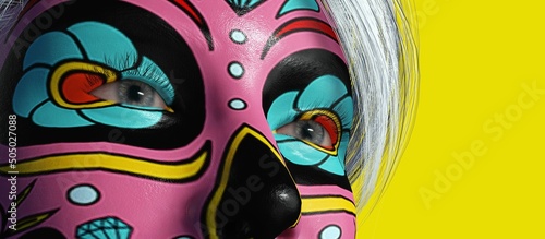 A beautiful view of 3d illustration with mexican skull painting on a 3d model. Gradient background.