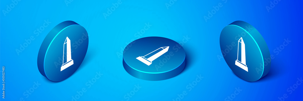 Isometric Obelisk of Alexandria icon isolated on blue background. Stone monument. Historical monument. High pillar memorial and column. Blue circle button. Vector Isometric Obelisk of Alexandria icon isolated on blue background. Stone monument. Historical monument. High pillar memorial and column. Blue circle button. Vector