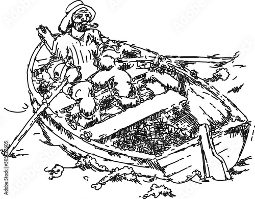  Illustration of old fiherman man, sailing in the boat, sea-dog. Line art drawn style. Black and white. photo