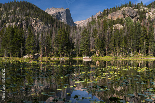 Photography An early morning reflection of 12,713 foot Hallett Peak on Nymph Lake, is a popular destination for hikers in Rocky Mountain National Park, Colorado