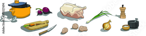 Soup set: saucepan, ladle, cutting board with knife. Foods such as carrots, beets, chicken meat, onions, potatoes, salt, and a mortar and pepper.