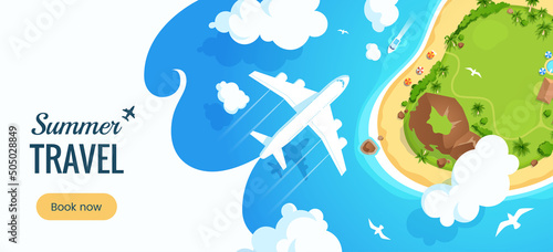 Summer vacation banner design. Colorful Background with a top view of a tropical island and a flying airplane. Travel offer template. Coupon with summer decoration. Vector eps 10.