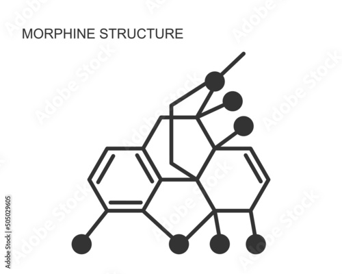 Morphine chemical molecular structure icon isolated on white background. Alkaloid with analgesic effect. Medical opium drug formula. Vector outline illustration.