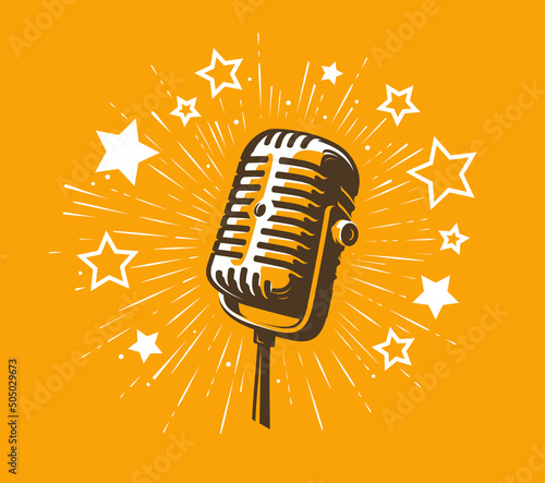 Karaoke party symbol. Retro microphone and stars emblem vector illustration