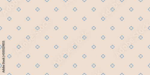 Simple floral seamless pattern. Retro vintage style ornament. Vector minimalist seamless texture with small flower shapes. Abstract minimal geometric background. Beige and blue repeat geo design