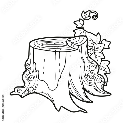 Big stump with ivy linear drawing for coloring isolated on white background