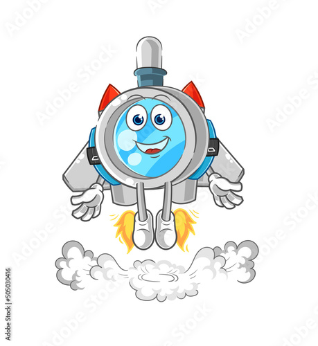 magnifying glass with jetpack mascot. cartoon vector