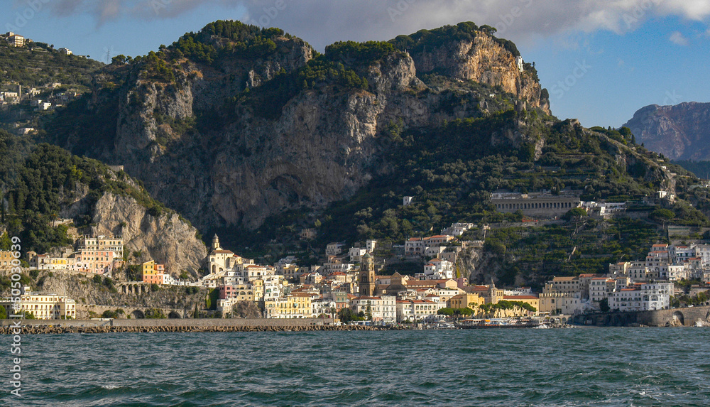 Amalfi Coastline in Italy with spectacular cliffs in the background.