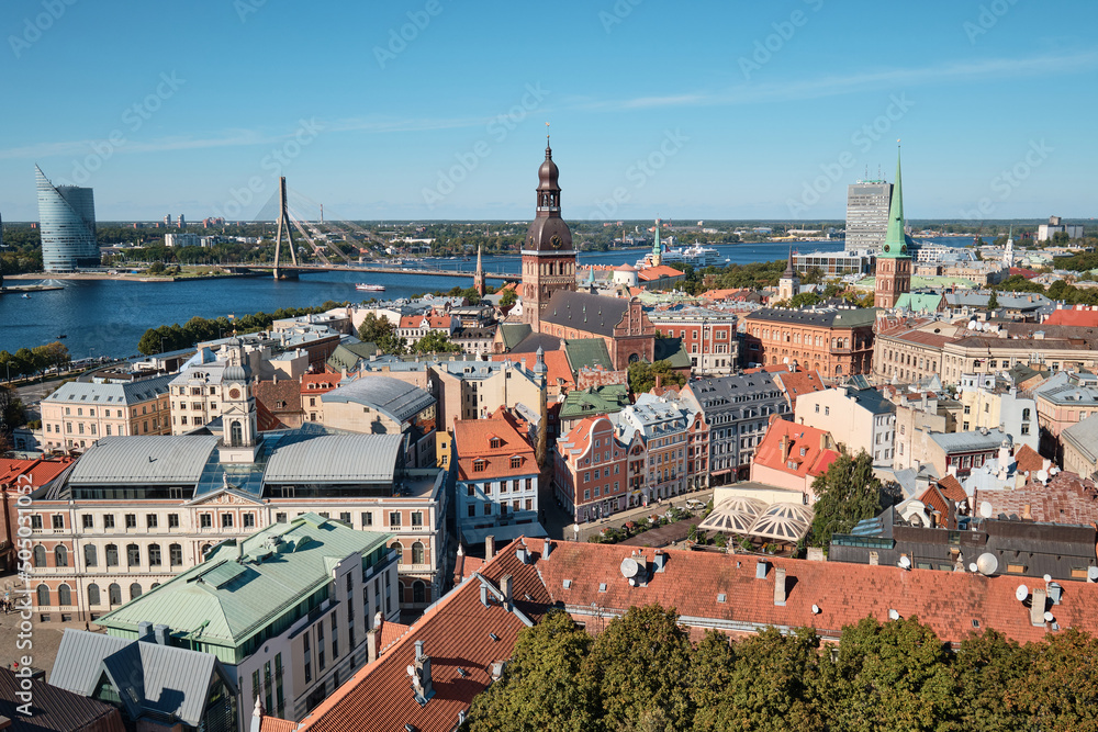 Panoramic aerial view of Old Town Riga and River Daugava from Saint Peter's church.