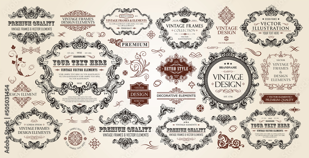 Vintage frames collection. Luxury classic vignettes, borders, labels and monograms isolated on a white background. Decorative calligraphic elements for certificates, posters and cards in retro style. - obrazy, fototapety, plakaty 