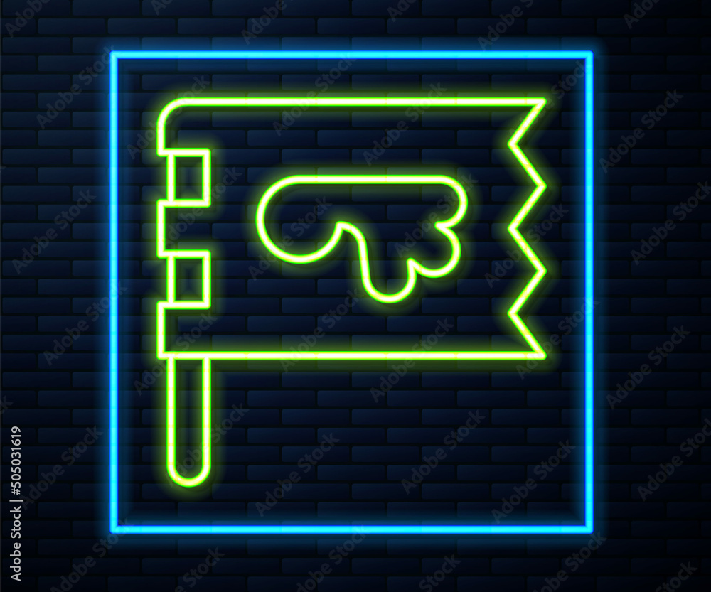 Glowing neon line Viking flag icon isolated on brick wall background. Vector Glowing neon line Viking flag icon isolated on brick wall background. Vector