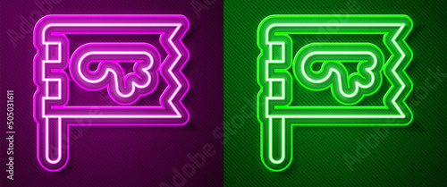 Glowing neon line Viking flag icon isolated on purple and green background. Vector