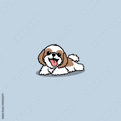 Funny shih tzu dog lying down cartoon, vector illustration