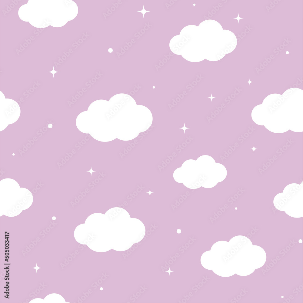 Seamless pattern with clouds and sparkles. Lilac background. Vector seamless background for kids and babies. Vector illustration.