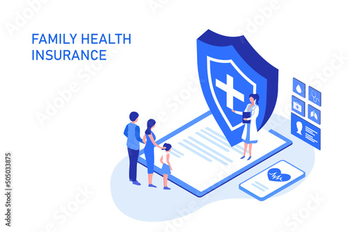 Family life and health insurance concept, family buy insurance to protect family isometric vector illustration. Heath care, insurance and  