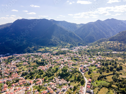 Aerial Panorama of Rhodope Mountains near Smolyan lakes, Bulgaria photo