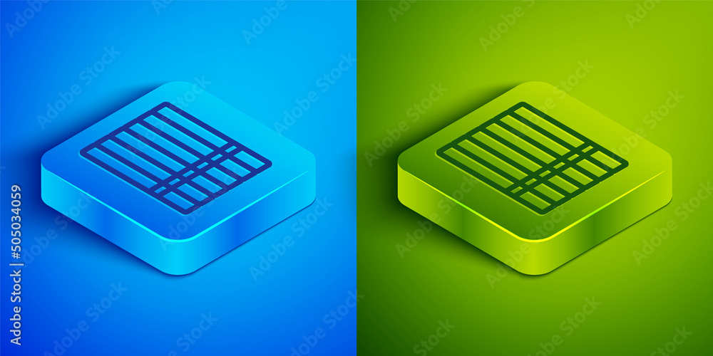 Isometric line Cigarette icon isolated on blue and green background. Tobacco sign. Smoking symbol. Square button. Vector Isometric line Cigarette icon isolated on blue and green background. Tobacco sign. Smoking symbol. Square button. Vector
