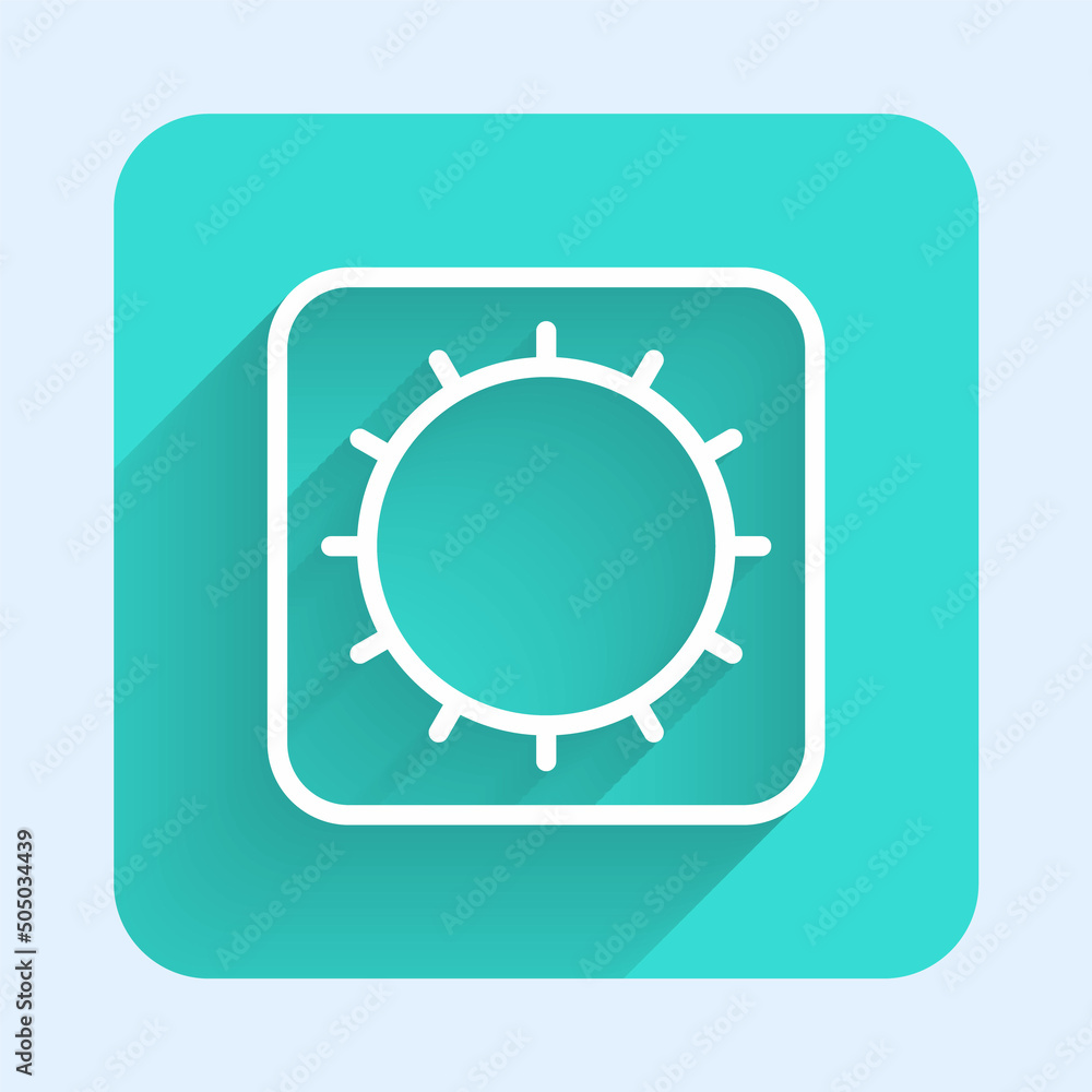 White line Sun icon isolated with long shadow background. Green square button. Vector