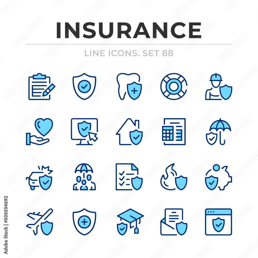 Insurance vector line icons set. Thin line design. Outline graphic elements, simple stroke symbols. Insurance icons