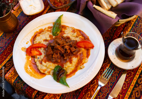 Turkish dish hunkar begendi. Turkish braised lamb and eggplant photo