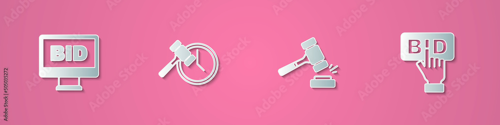 Set paper cut Online auction, Auction hammer, and Bid icon. Paper art style. Vector Set paper cut Online auction, Auction hammer, and Bid icon. Paper art style. Vector