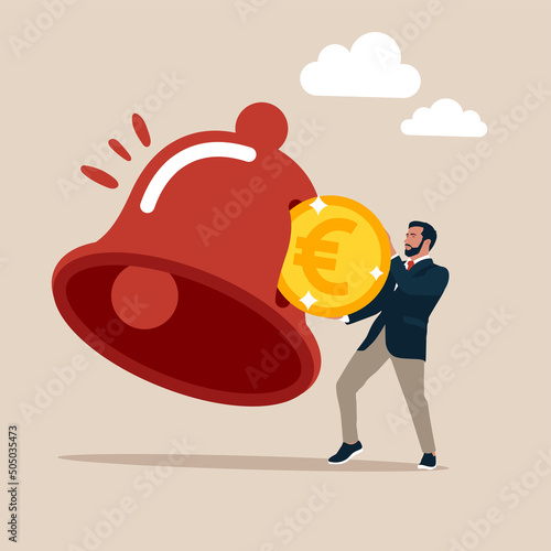 Сustomer hand put coin on subscription bell. Subscription business model, customer subscribe online service and pay recurring price, membership payment to use software on content concept.