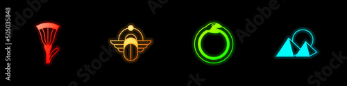 Set Egyptian lotus, Scarab, Magic symbol of Ouroboros and pyramids icon. Vector