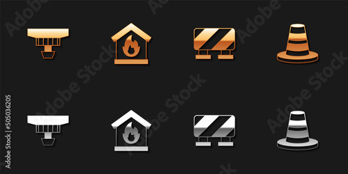 Set Smoke alarm system, Fire in burning house, Road barrier and Traffic cone icon. Vector