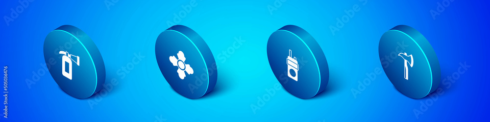 Set Isometric Fire extinguisher, Walkie talkie, Firefighter axe and icon. Vector Set Isometric Fire extinguisher, Walkie talkie, Firefighter axe and icon. Vector