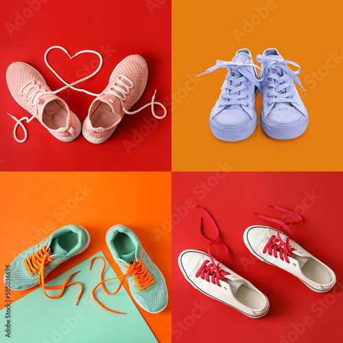 Set of casual and sportive shoes on colorful background