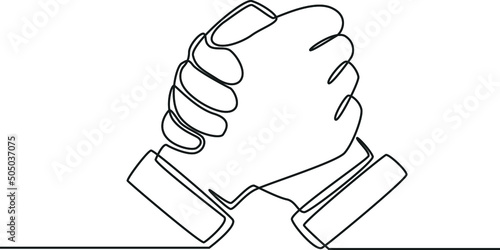 One continuous line drawing of Soul brother handshake. Friendship day. Single line draw design vector graphic illustration.