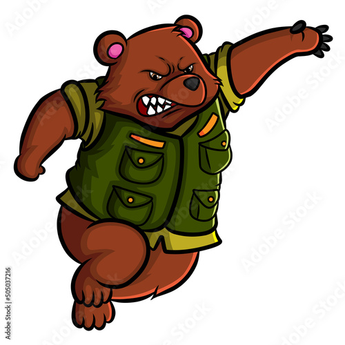 The angry army bear is running and catching something