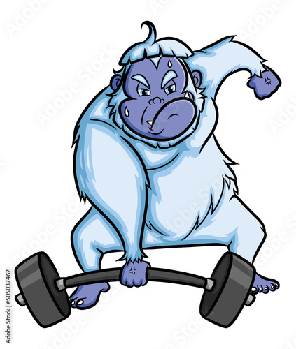 The athletic yeti is lifting weight with one hand