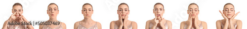 Set of young woman doing face building exercises on white background